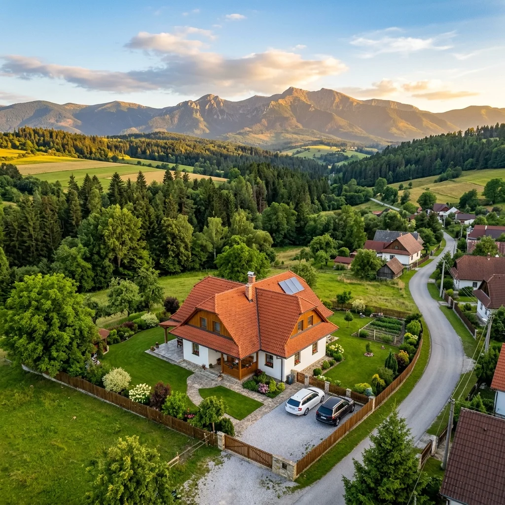 Pohľad z dronu na rodinný dom
